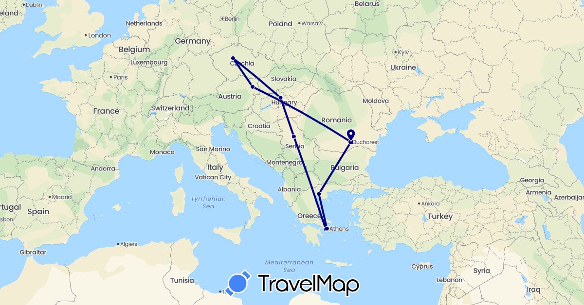 TravelMap itinerary: driving in Austria, Czech Republic, Greece, Hungary, Romania, Serbia (Europe)