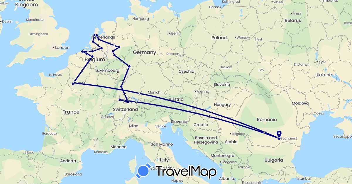 TravelMap itinerary: driving in Belgium, Switzerland, Germany, France, Netherlands, Romania (Europe)