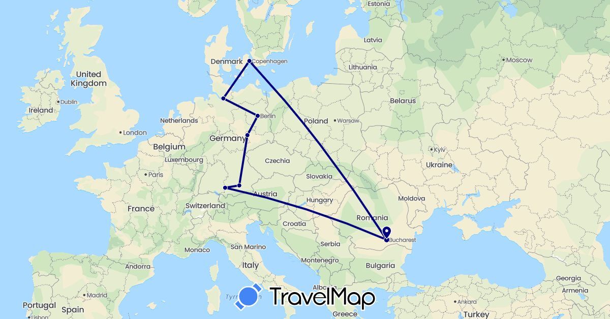 TravelMap itinerary: driving in Germany, Denmark, Romania (Europe)