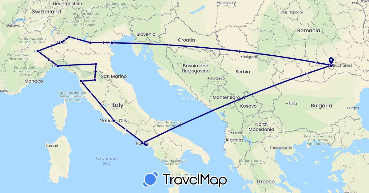 TravelMap itinerary: driving in Italy, Romania, Vatican City (Europe)