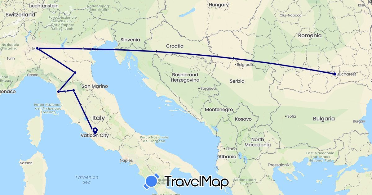 TravelMap itinerary: driving in Italy, Romania (Europe)